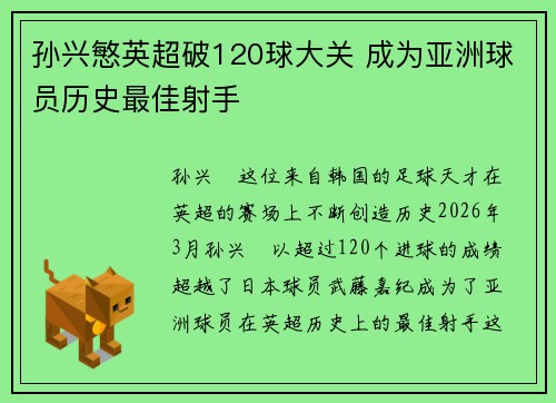 孙兴慜英超破120球大关 成为亚洲球员历史最佳射手